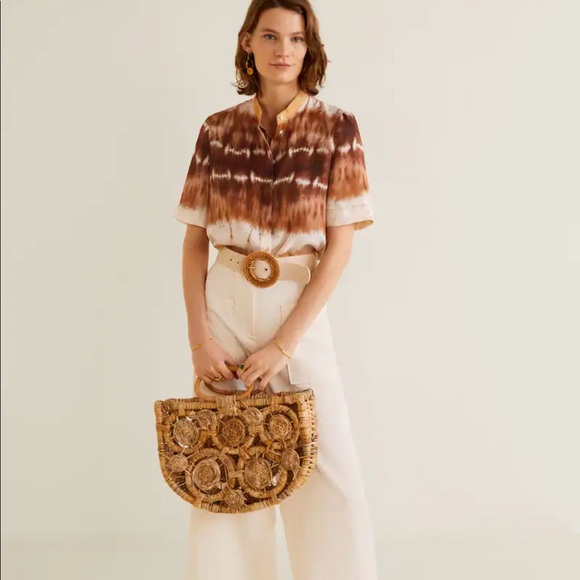 SOLD MANGO Tie-Dye Satin Round Collar Button Front Shirt Size S - Picture 3 of 16